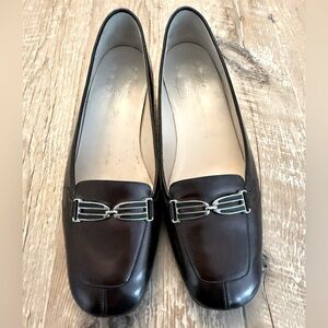 Joan & David Dark Brown Leather Loafers with Silver Buckle